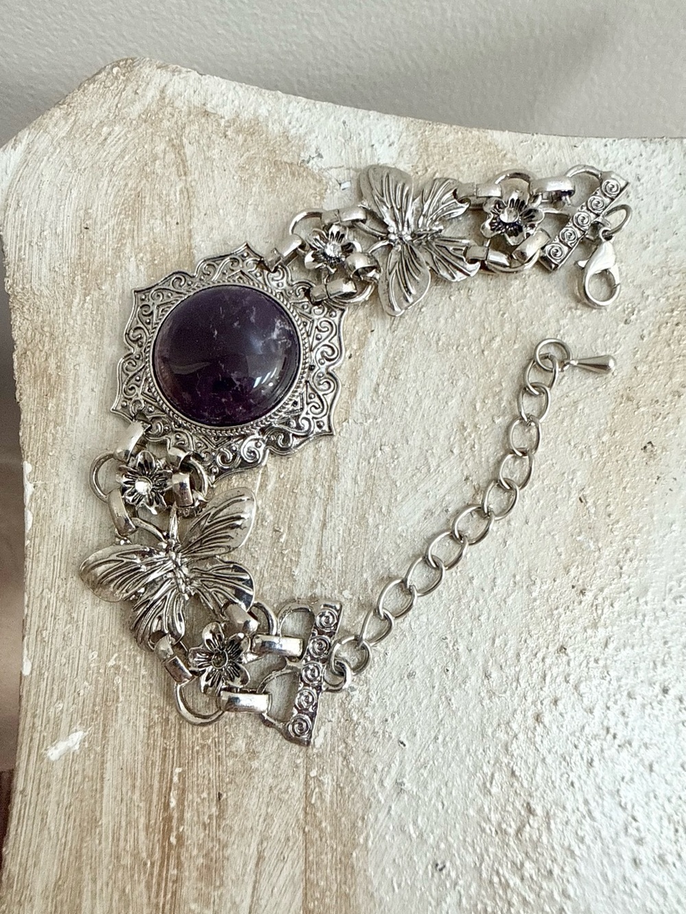 Silver Butterfly Floral Bracelet with Purple Cabochon